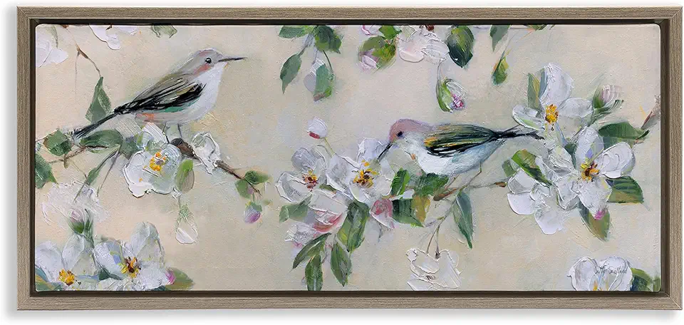 Stupell Industries Perched Songbirds on Branches Brown Framed Floater Canvas Wall Art Design by Sally Swatland, 31 x 14