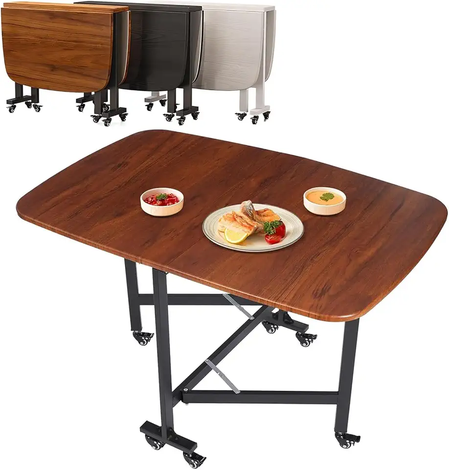 Solid Wooden Foldable Kitchen Table with 6 Wheels, Space Saving Dining Table for Small Spaces (47.2