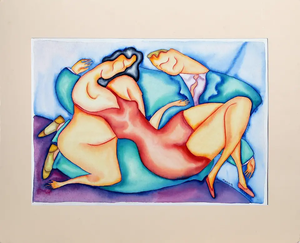 Unknown Artist, Surrealist Fashion Art Watercolor on paper, signed Manglia lower right