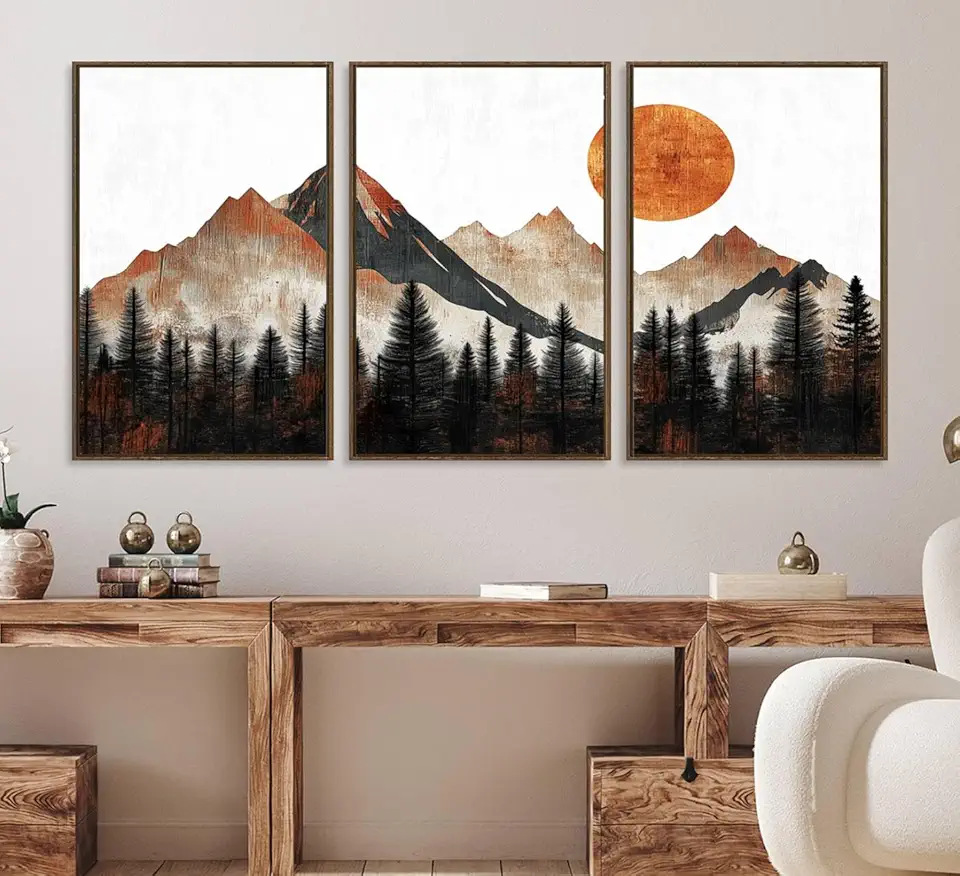 Sami Eymur Modern Abstract Mountain Canvas Wall Art Print, Abstract Landscape Print, Rustic Sun and Mountains 3 Panel Floating Frame/Walnut / 90