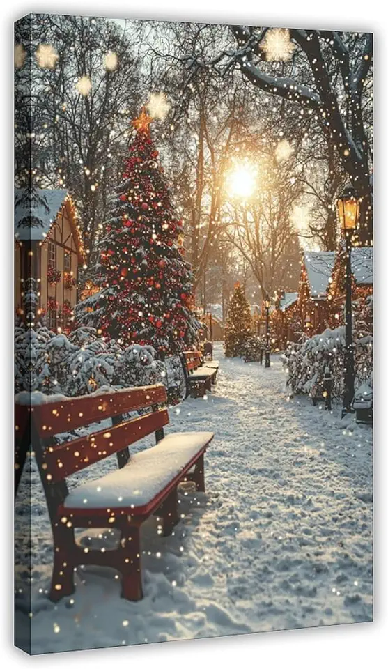 Winter Holiday City Print – Snow-Covered European Square with Glowing Lights – Enchanting Christmas Wall Art Canvas Poster Wall Art Decor Print Picture Paintings for Living Room Bedroom Decoration Fra