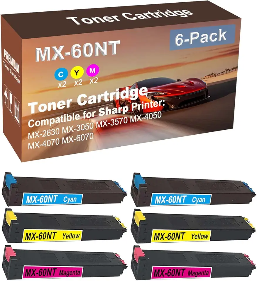 6-Pack (2C+2Y+2M) Compatible MX-3570, MX-4050 Printer Toner Cartridge High Capacity Replacement for Sharp MX-60NT (MX-60NTCA+ MX-60NTMA+ MX-60NTYA) Toner Cartridge