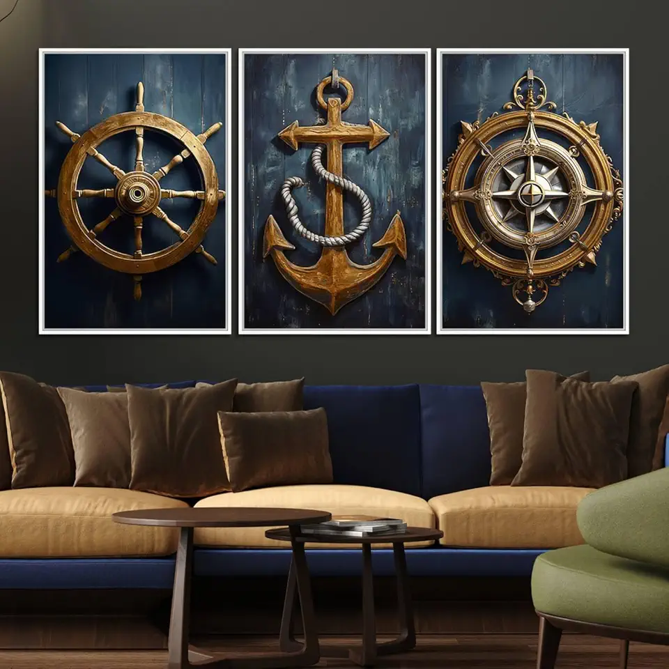 Sami Eymur Boat Anchor Compass With Rope Wall Art Canvas Print | Beach House Wall Art 3 Panel Floating Frame/White / 90