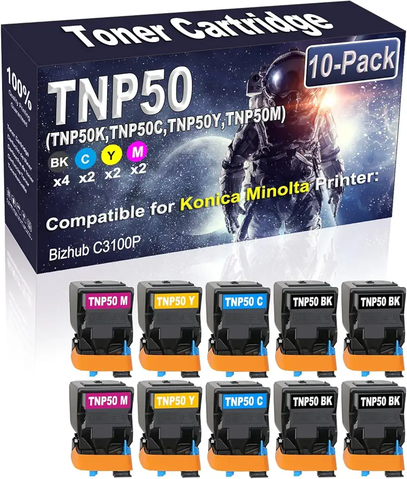 10-Pack (4BK/2C/2Y/2M) Compatible High Capacity Bizhub C3100P Printer Toner Container Replacement for Konica Minolta TNP50 TNP-50 (TNP50K TNP50C TNP50Y TNP50M) Printer Cartridge