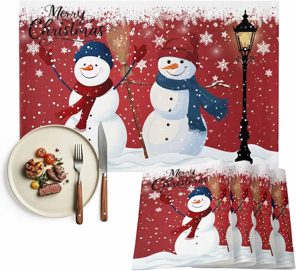 Snowfall Winter Christmas Placemats Set of 6, Washable Cotton Linen Table Mats for Kitchen Dining Table, Heat Insulation Place Mats for Indoor Outdoor Parties, Holiday Decorations