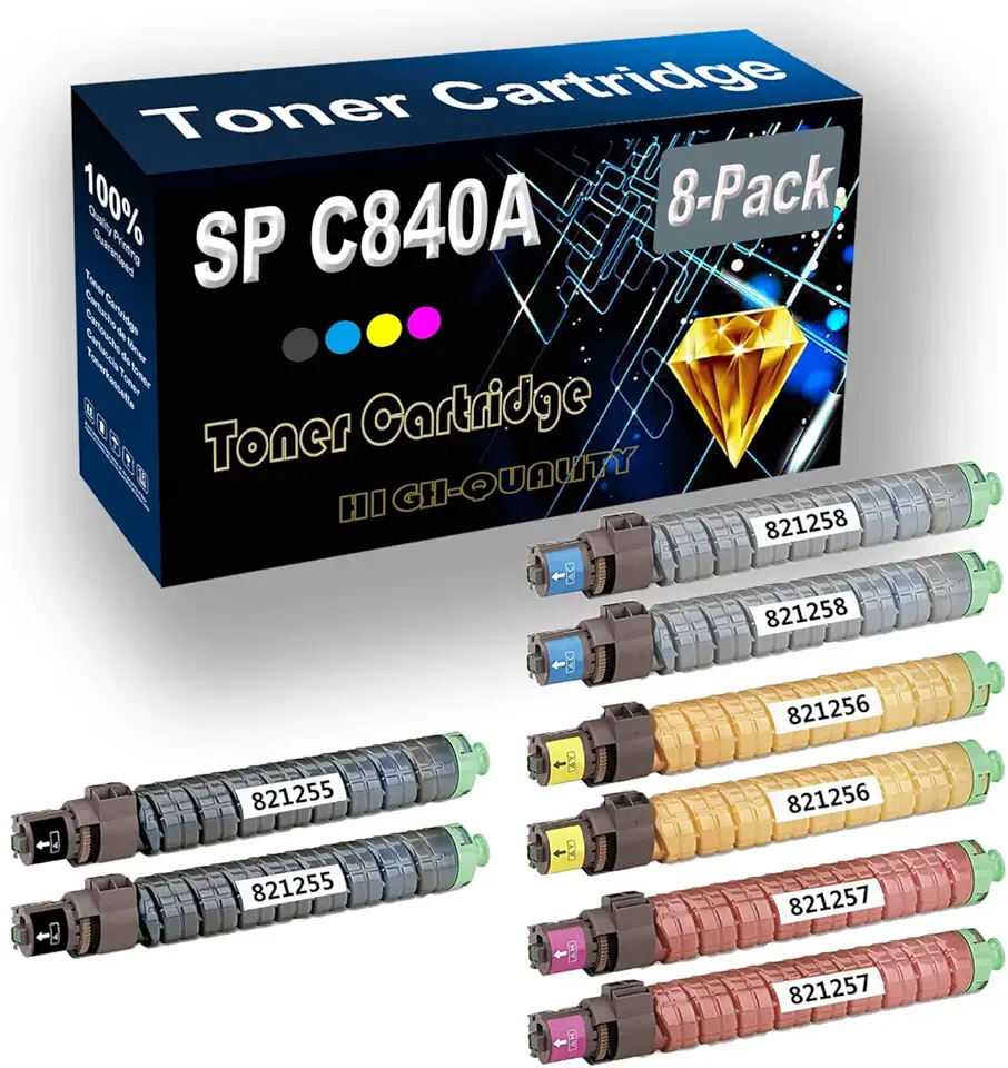 8-Pack (2BK+2C+2Y+2M) Compatible High Yield SP C840A 821255 821258 821256 821257 Imaging Toner Cartridge use for Ricoh SP C840 SP C840DN SP C842 SP C842DN Printer