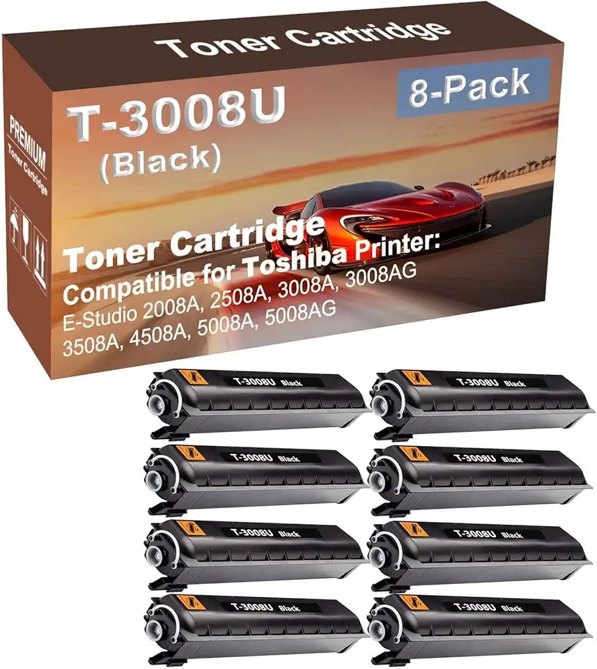 8-Pack Compatible High Yield E-Studio 2008A, 2508A, 3008A, 3008AG, 3508A, 4508A, 5008A, 5008AG Printer Cartridge Replacement for Toshiba T-3008U Toner Cartridge (Black)