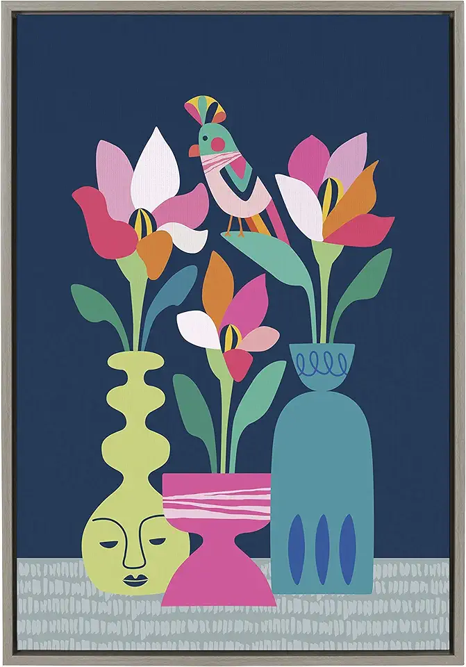 Kate and Laurel Sylvie Mid Century Modern Magnolias Framed Canvas Wall Art by Rachel Lee of My Dream Wall, 23x33 Gray, Vibrant Tropical Art for Wall