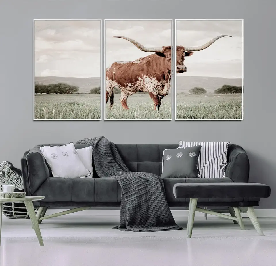 Texas Longhorn Wall Art Canvas Print, Framed Spotted Cattle Art Picture Print, Horned Bull Perfect Rustic Western Decor, Spotted Cattle Wall 3 Panel Floating Frame/White / 90