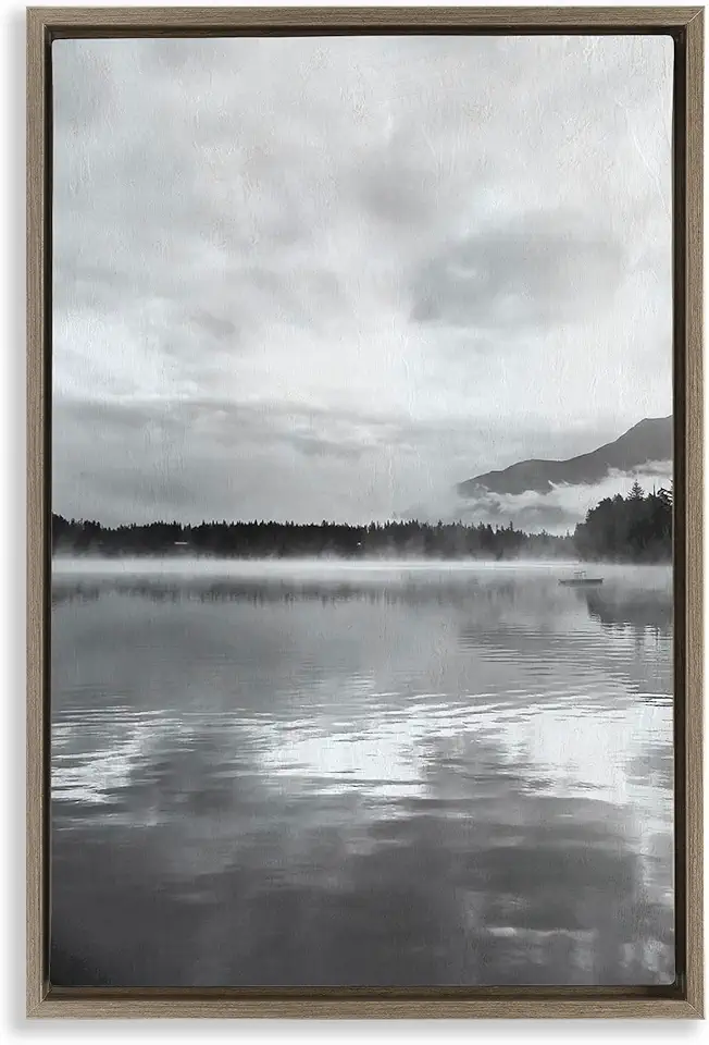Stupell Industries Grey Misty Seascape Brown Framed Floater Canvas Wall Art Design by Janet Tava, 17 x 25
