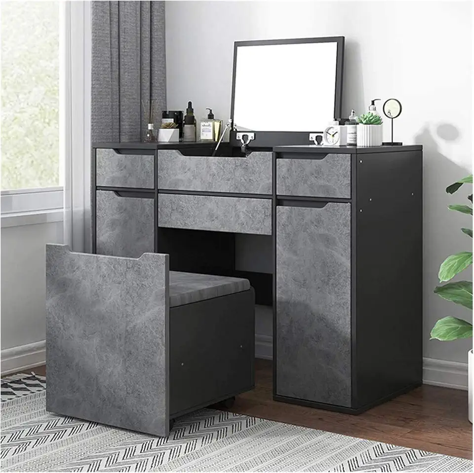 Dressing Table Writing Desk with Flip Top Mirror, Vanity Table with Drawers, Cushioned Stool, 2-in-1 Modern Makeup Desk (Color : Natural, Size : 51x40x8 (Grey 100x40x80cm)