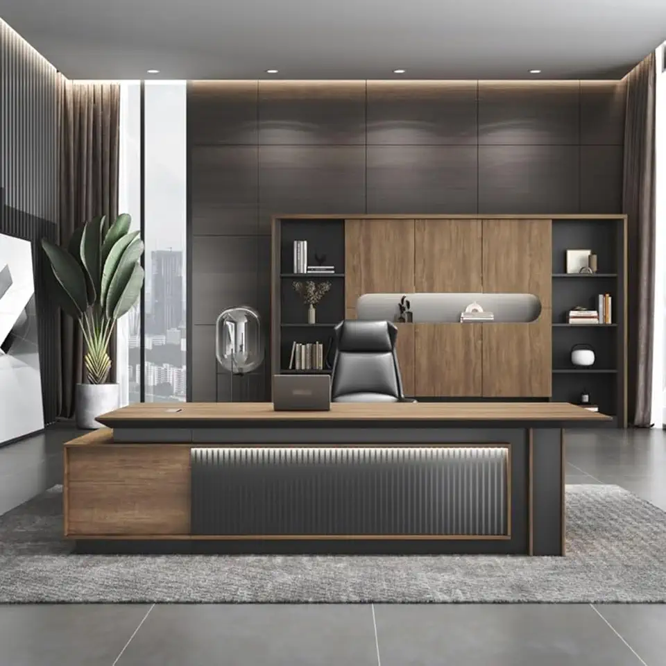 YZABEL Extra Large 102 inch Solid Wood Office Desk with File Drawers and Cable Management, L Shaped Executive Desk with LED Light Strip, Gaming Table Business Furniture Set Workstation