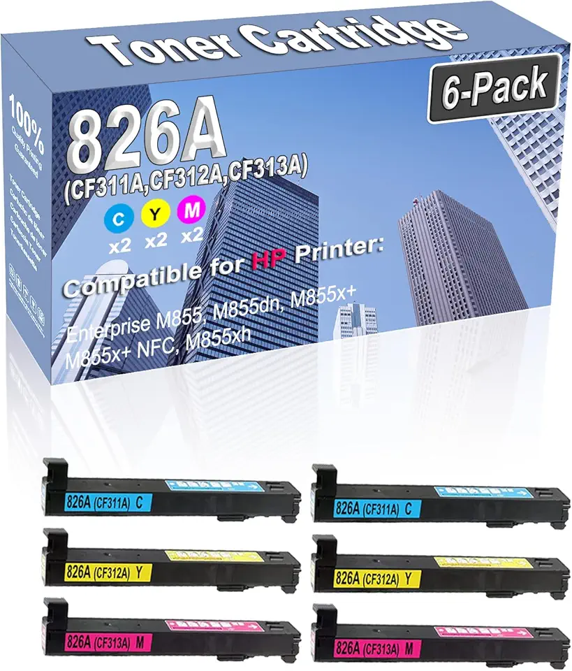 6-Pack (2C/2Y/2M) Compatible High Yield 826A (CF311A CF312A CF313A) Imaging Toner Cartridge Replacement for HP Enterprise M855 M855dn M855x+ M855x+ NFC M855xh Printer