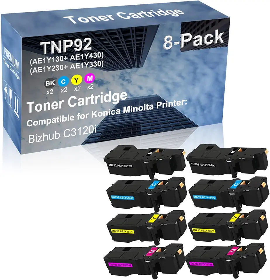8-Pack (2BK+2C+2Y+2M) Compatible High Capacity TNP92 (AE1Y130+ AE1Y430+ AE1Y230+ AE1Y330) Toner Cartridge Used for Konica Minolta bizhub C3120i Printer