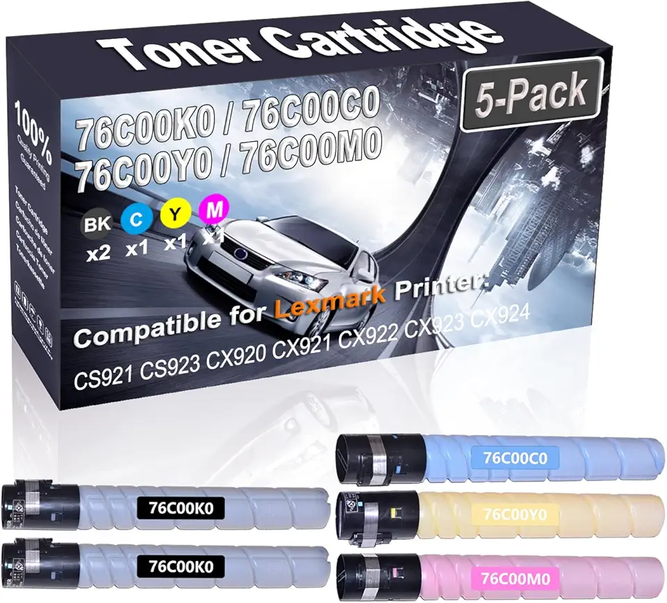 5-Pack (2BK+C+Y+M) Compatible CS921 CS923 CX920 CX921 CX922 Laser Printer Toner Cartridge (High Capacity) Replacement for 76C00K0 76C00C0 76C00Y0 76C00M0 Printer Toner Cartridge