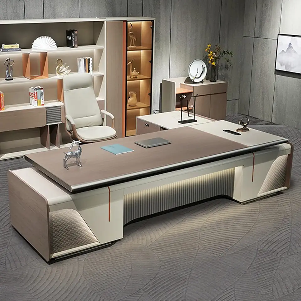 LED Home Office Executive Desk L-Shaped Executive Office Desk Writing Study Desk Computer Desk with Storage Cabinets, 2.4m