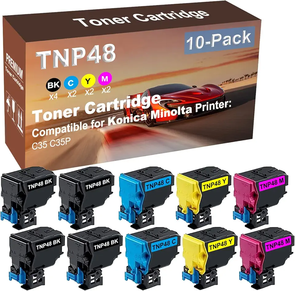 10-Pack (4BK+2C+2Y+2M) Compatible High Yield TNP48 (TNP48K+ TNP48C+ TNP48Y+ TNP48M) Laser Printer Toner Cartridge Used for Konica Minolta BizHub C3350 C3850 Printer