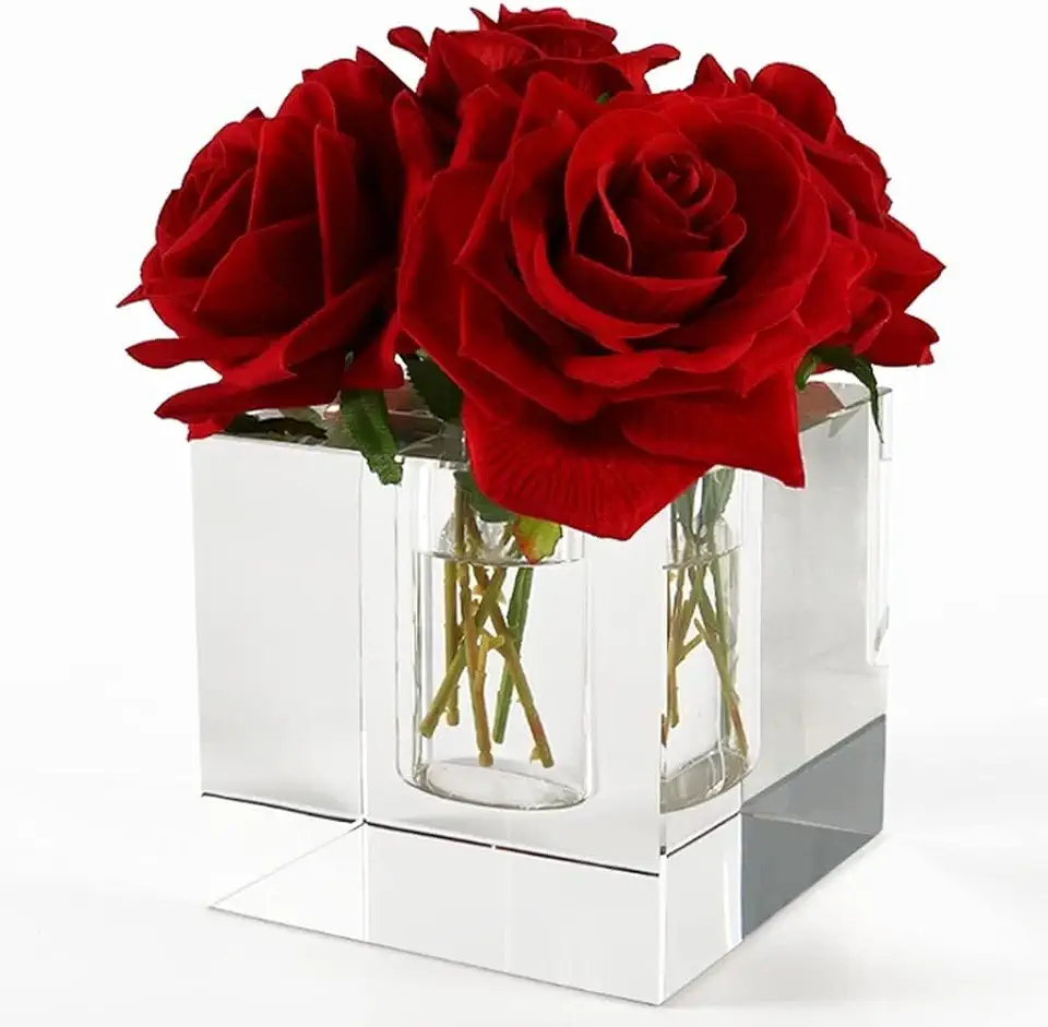 Nordic Crystal Clear Glass Vase Set with Artificial Silk Flowers - Modern Decorative Centerpiece for Dining Table, Living Room, Office, Home Décor, 11x11x11cm