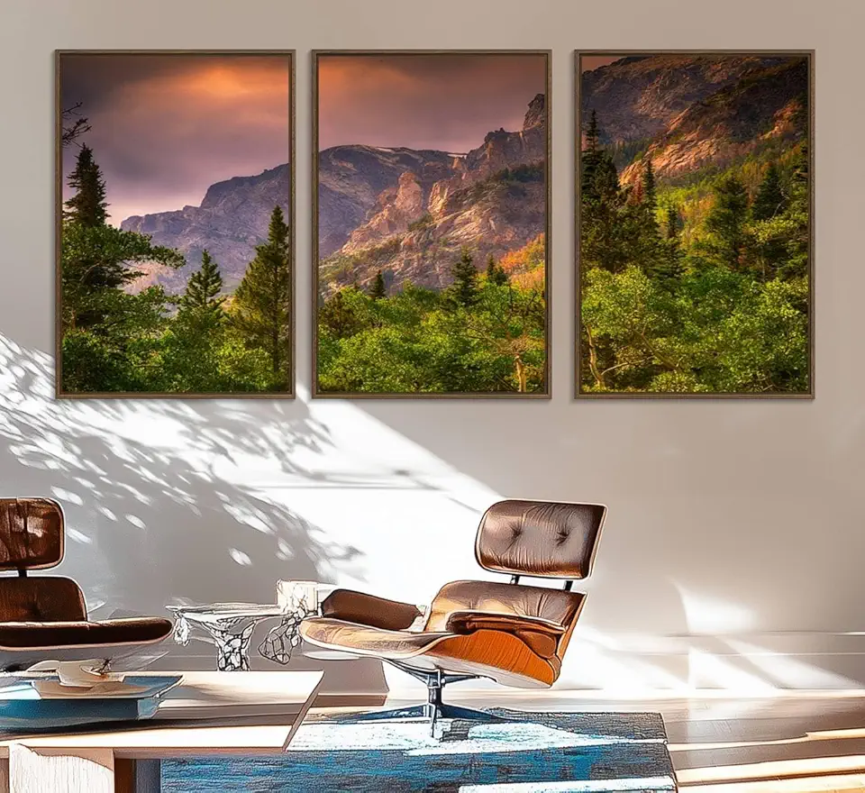 Colorado Rockies Mountains Wall Art Canvas Print | Ready to Hang Framed Mountain Landscape 3 Panel Floating Frame/Walnut / 90