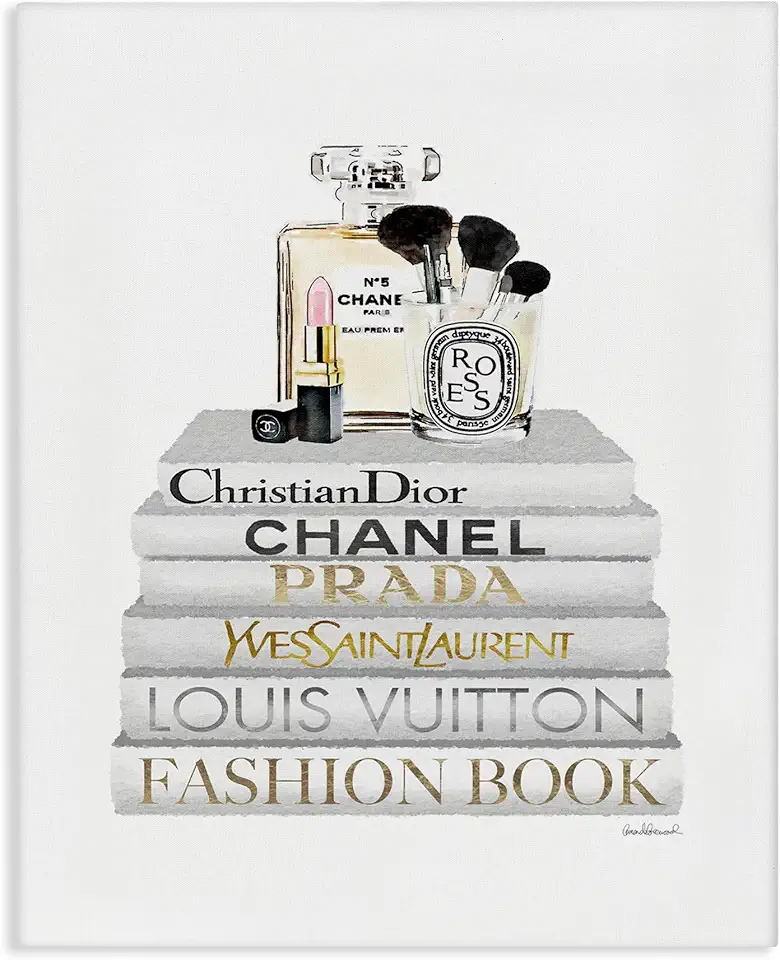 Stupell Industries Fashioner Makeup Bookstack White Gold Watercolor, Design by Artist Amanda Greenwood Wall Art, 36 x 48, Canvas