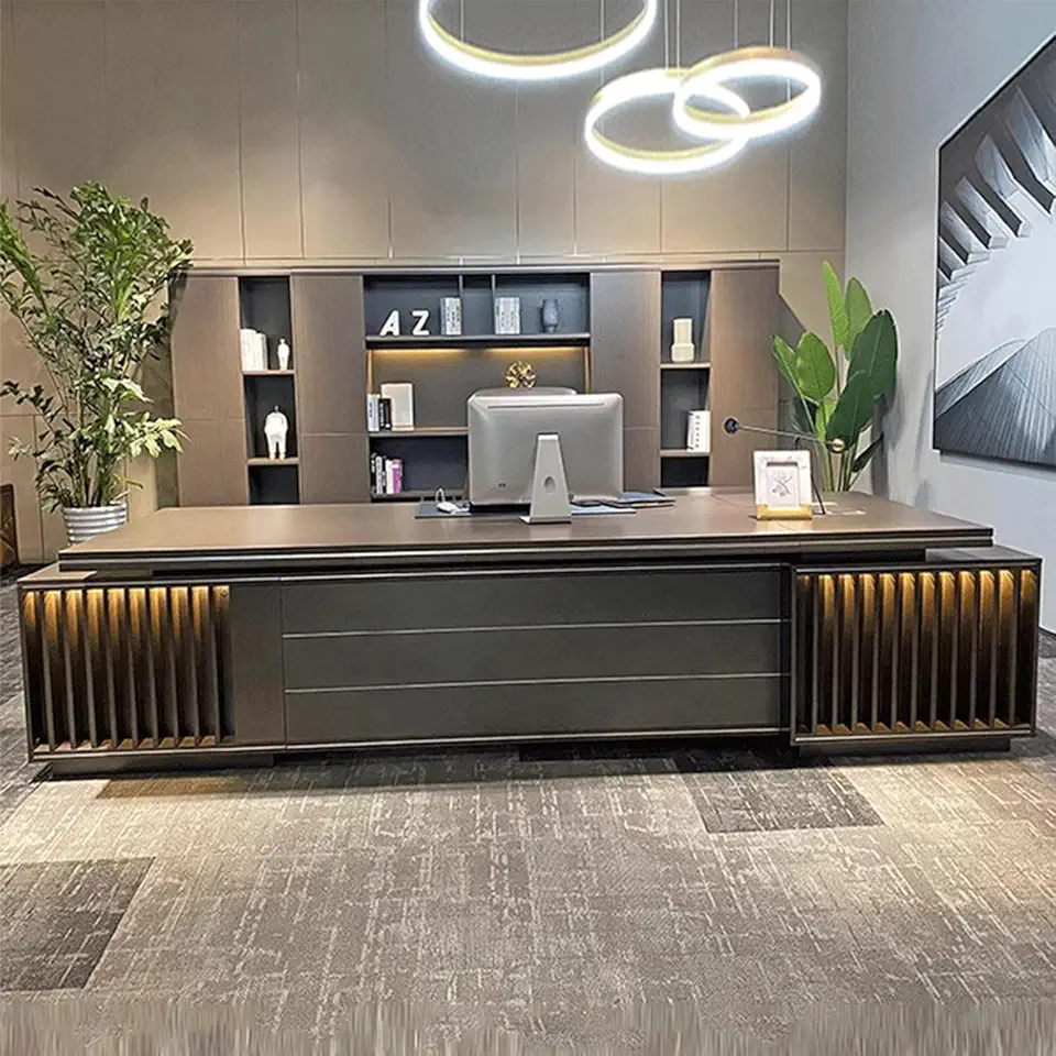 YZABEL 94 inch Executive Desk with LED Light Strip, L Shaped Computer Desk with Lateral Cabinet and Cable Management, Writing Table Business Furniture Set Workstation for CEO Boss