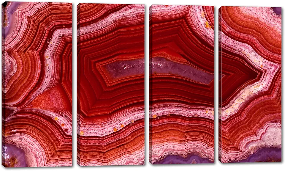 80 x 50 TOTAL - Agate Slice Wall Art Canvas Print pink red 4 Panel Split agate stone slice wall art print