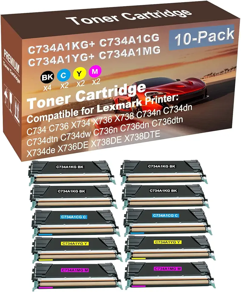 10-Pack (4BK+2C+2Y+2M) Compatible High Yield C734A1KG+ C734A1CG+ C734A1YG+ C734A1MG Laser Printer Toner Cartridge Used for C736dtn, X734de, X736DE, X738DE, X738DTE Printer
