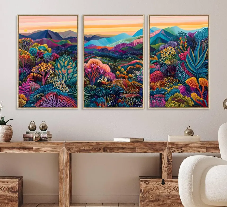 Sami Eymur Colorful Abstract Landscape Wall Art Print Canvas - Vibrant Modern Decor for Living Room, Office, or 3 Panel Floating Frame/Natural / 90