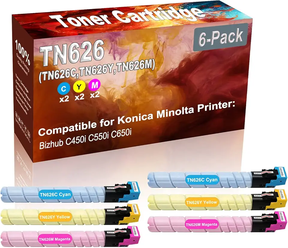 6-Pack (2C+2Y+2M) Compatible High Yield TN626 TN-626 (TN626C TN626Y TN626M) Printer Toner Cartridge use for Konica Minolta Bizhub C450i C550i C650i Printers