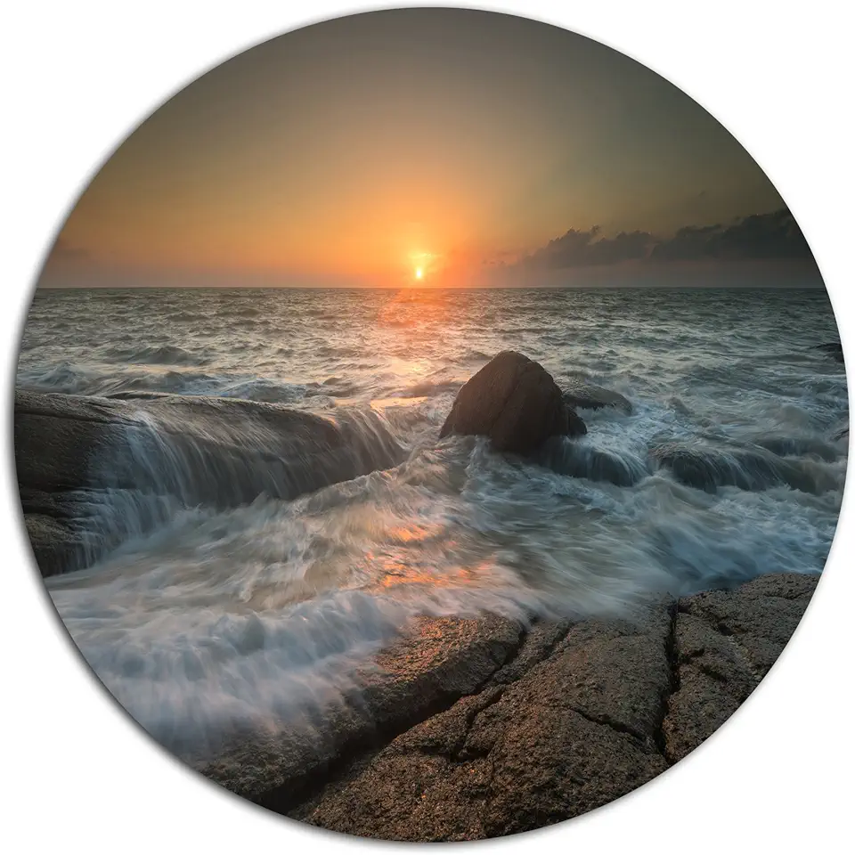 Designart Lashing Sea Waves at Sunset Beach Round Wall Art-Disc of 23 inch, 23X23-Disc, White
