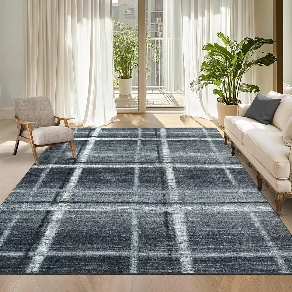 COZYLOOM 9x12 Modern Plaid Area Rug Large Washable Rugs for Living Room Bedroom Soft Dining Table Carpet Non Shedding Foldable Indoor Carpet for Office Nursery Home Decor, Black Grey