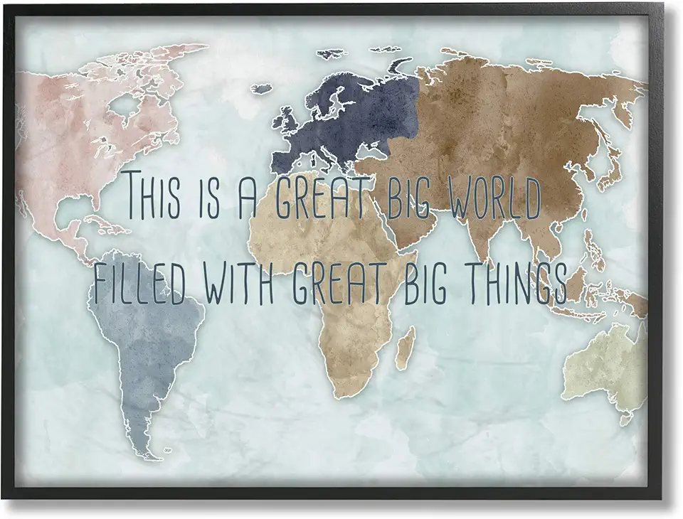 Stupell Industries This is a Big World Phrase Map of Continents, Design by Ziwei Li Black Framed Wall Art, 24 x 30, Blue