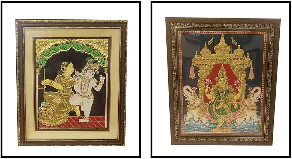 Mangala Arts Combo of Yashoda Krishna & Gajalakshmi Tanjore Painting, 24 Carat Gold Foil, Authentic Gems, Hindu God Photo for Pooja, Living Room, 20x16 Inches with Frame - Within 7 Days Delivery
