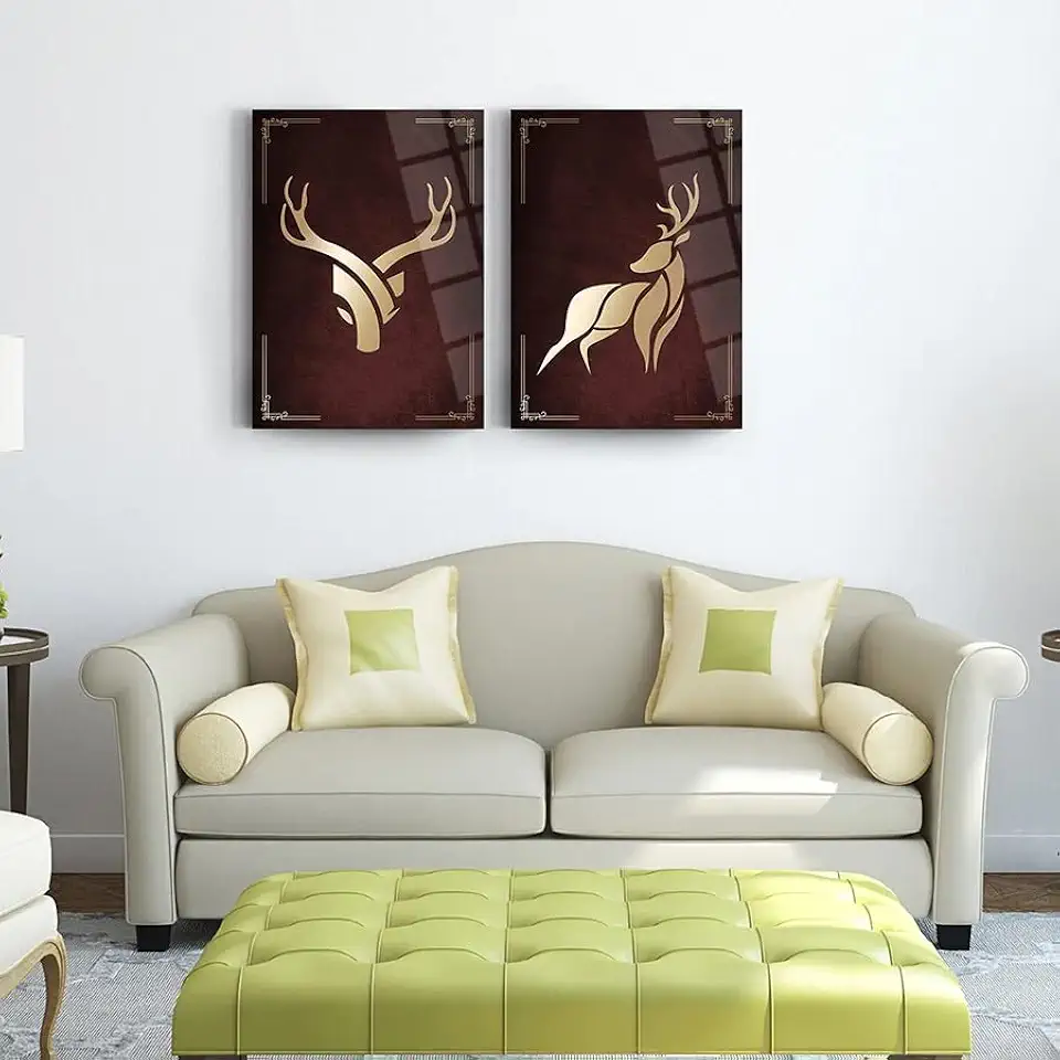 Deer Set Of 2 Wall Decor , Glass Wall Art, Frameless Free Floating Tempered Glass Panel, Living Room Decoration (27.5”W x 39.3”H – 70x100cm Each Piece)