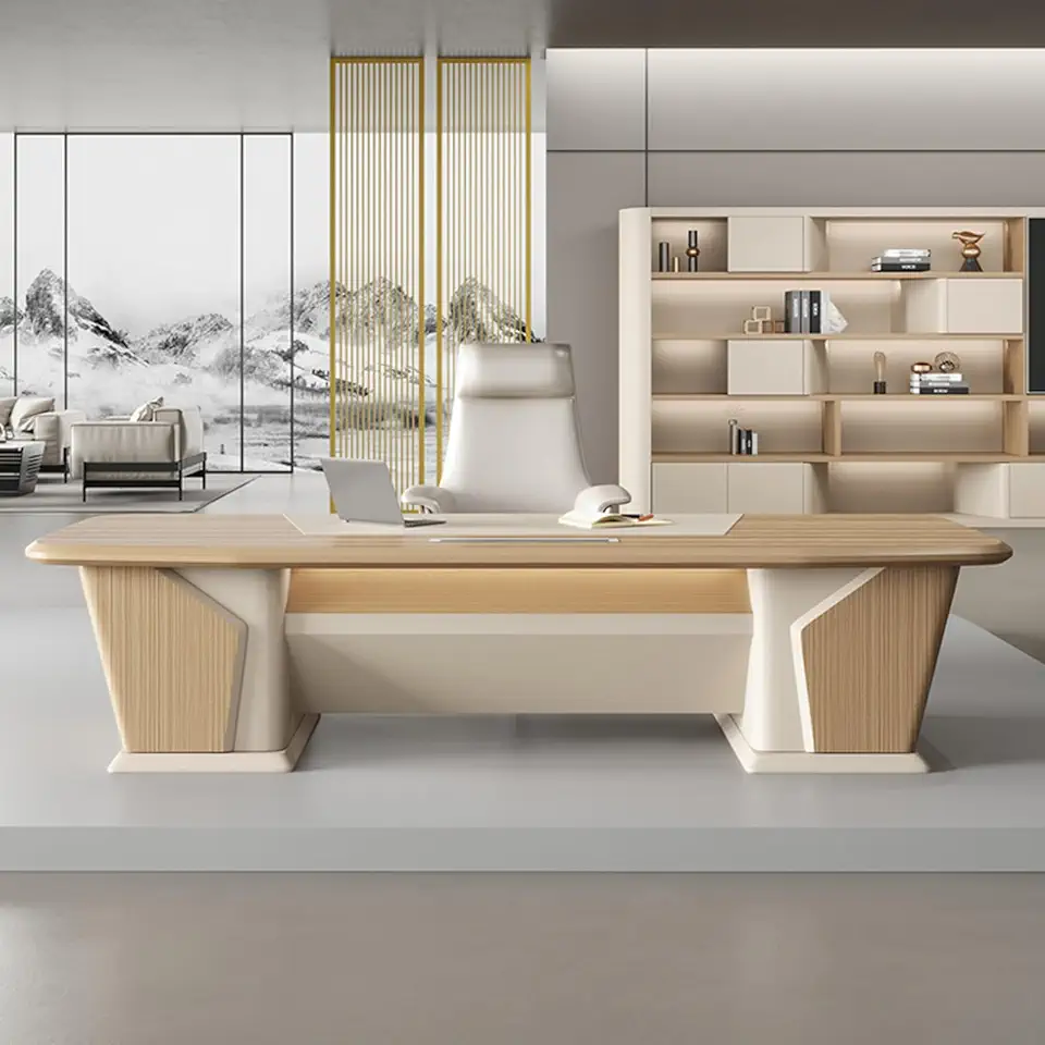 Executive Desk Writing Study Desk Computer Desk Wooden Office Desk for Home Office with Storage Cabinets, 2.4m