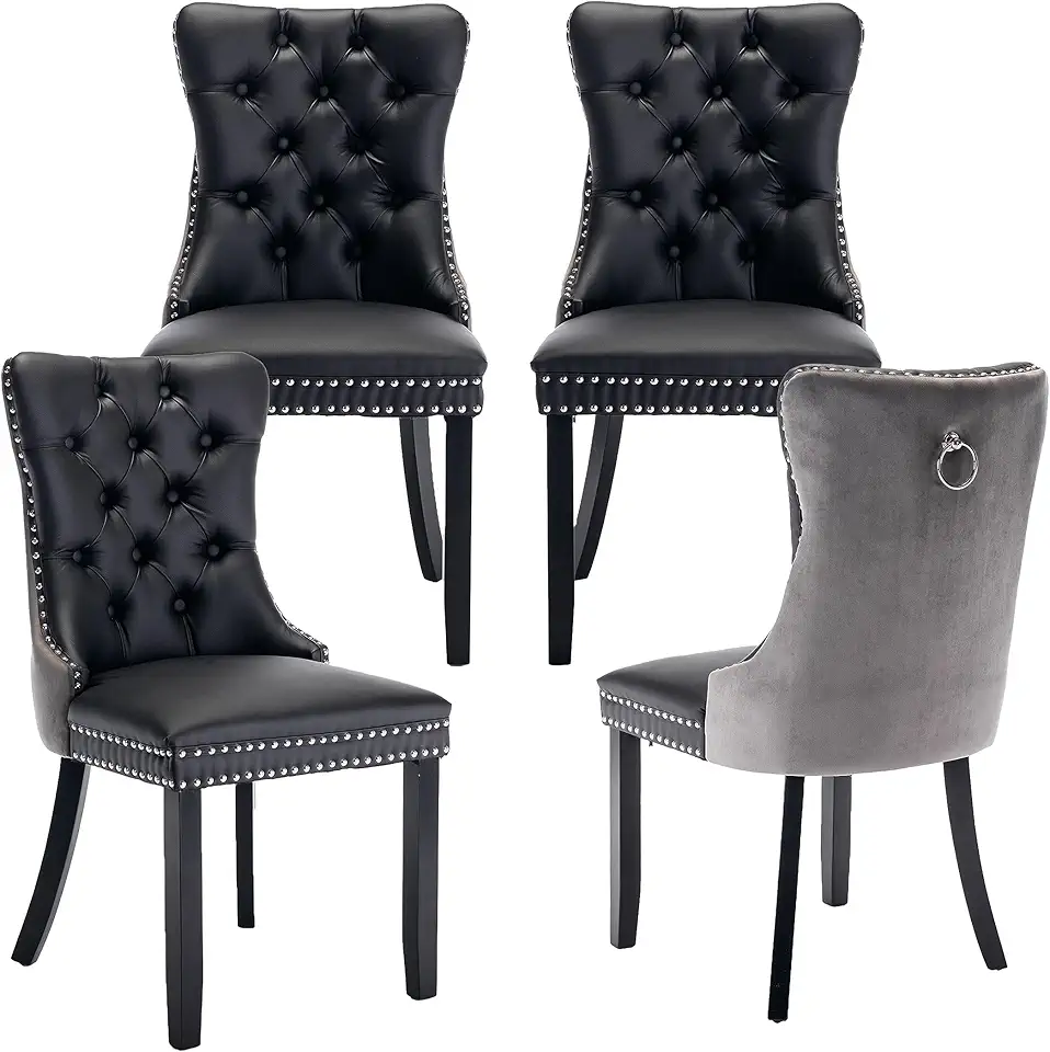 LKTART Dining Chairs Set of 4 PU Upholstered Tufted Back with Nailhead Trim and Back Ring Pull Solid Wood Legs for Kitchen Bedroom Dining Room Black+Grey