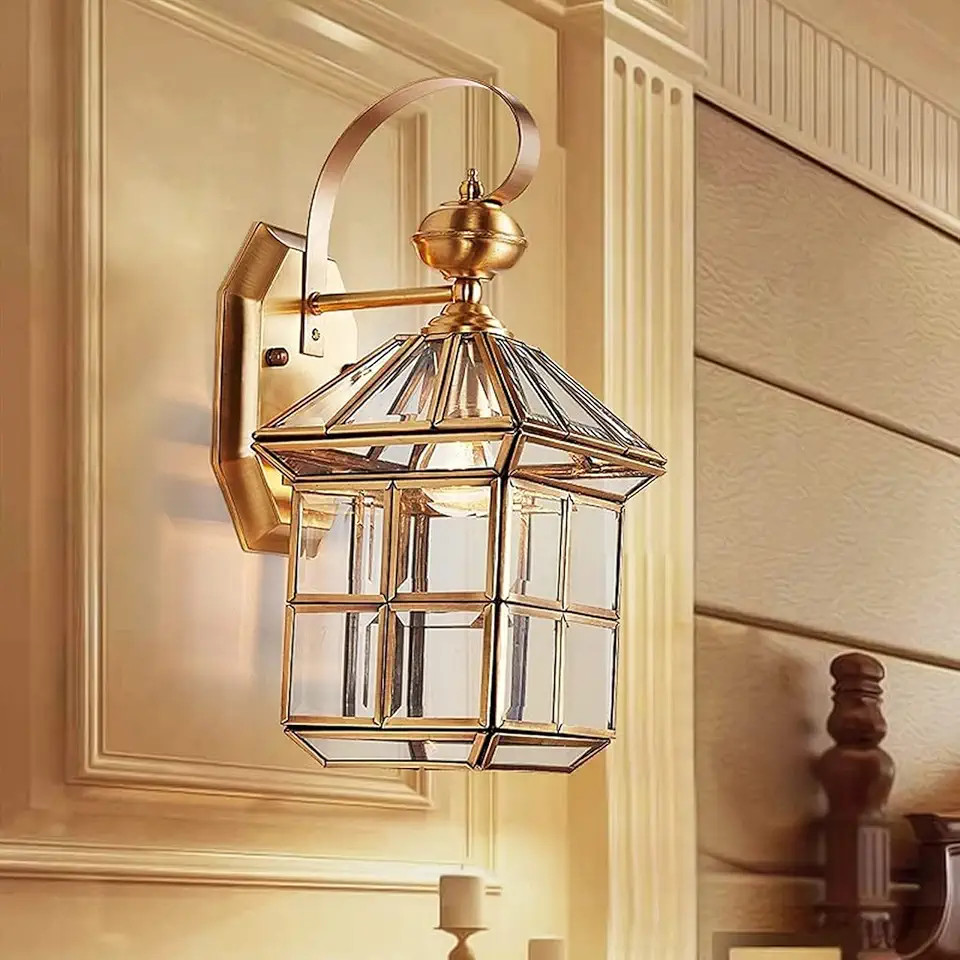 European Copper Art Waterproof IP54 Outdoor Wall Lamp Antique E27 Glass Exterior Lantern Patio Garden Villa Balcony Square Gazebo Outside Sconce Bedside Decor