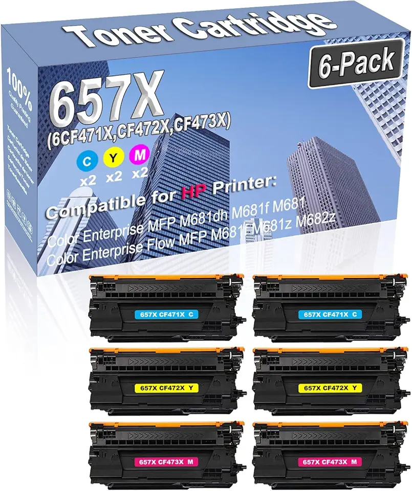 6-Pack (2C/2Y/2M) Compatible High Capacity 657X (CF471X CF472X CF473X) Toner Cartridge Used for HP Color Enterprise MFP M681dh M681f M681 Printer