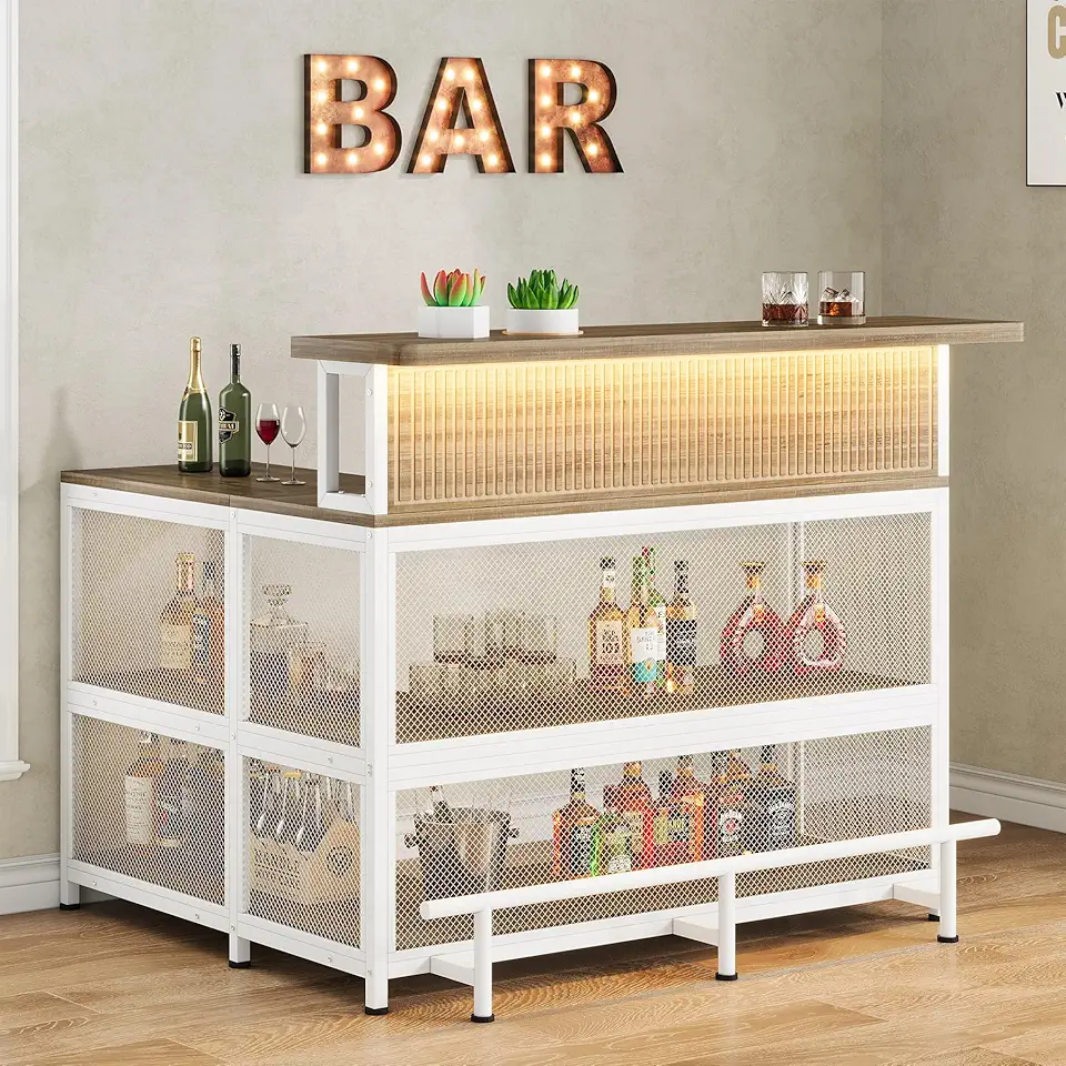 L-Shaped Home Bar Unit with Wine Glasses Holder and LED Light, Modern Bar Table with Storage Shelves and Footrest, Kitchen & Dining Counter Tables for Home, Pub, Light Brown and White