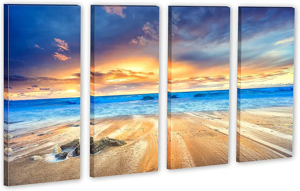 80 x 50 TOTAL - Gorgeous Beach Sunset Canvas Print Wall Art. 4 Panel Split, decoration for home or office