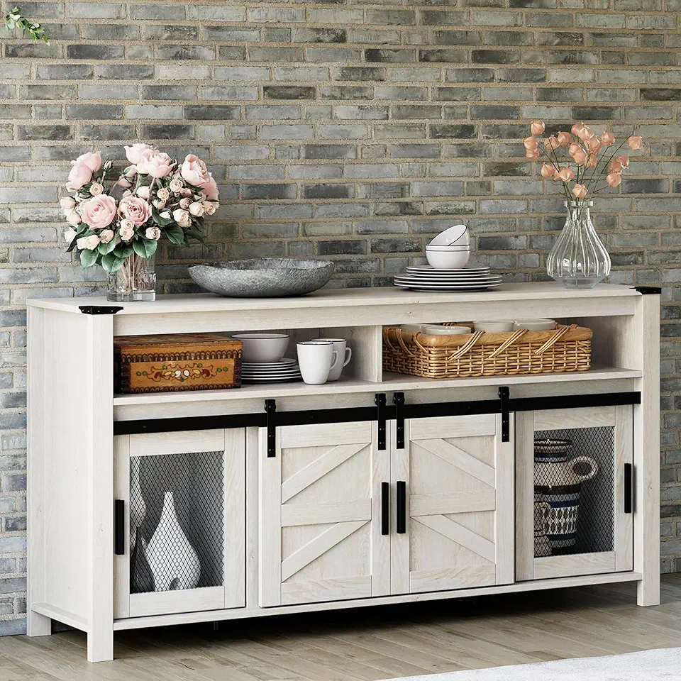 WAMPAT Farmhouse Coffee Bar Cabinets, Buffet Server Sideboard with Sliding Barn Doors,Storage Cabinets with Mesh Doors and Shelves for Kitchen, Dining Room, Rustic White