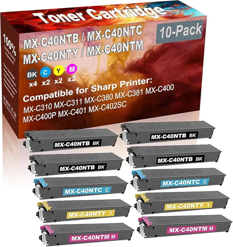 10-Pack (4BK+2C+2Y+2M) Compatible High Yield MX-C40NTB MX-C40NTC MX-C40NTY MX-C40NTM Printer Toner Cartridge use for Sharp MX-C310 MX-C311 Printers