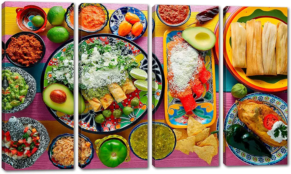 80 x 50 TOTAL - Mexican Food Wall Art Canvas Print Green, red enchiladas 4 Panel Split restaurant decor