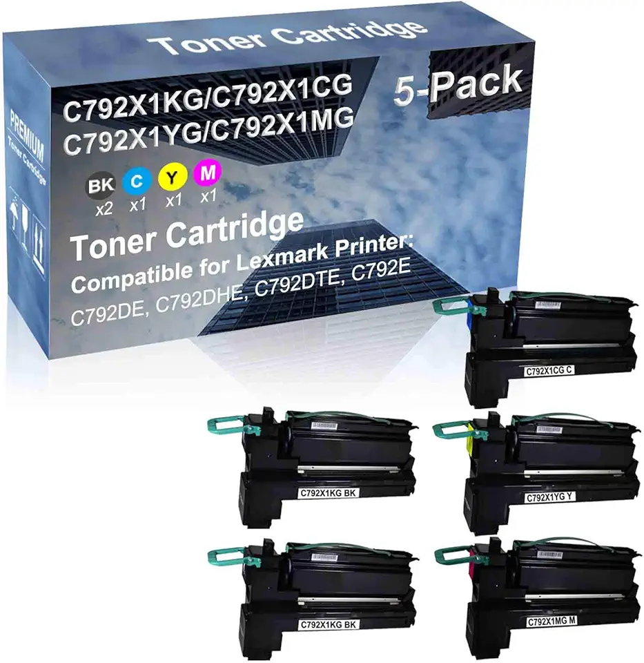 5-Pack (2BK+C+Y+M) Compatible High Capacity C792X1KG+ C792X1CG+ C792X1YG+ C792X1MG Toner Cartridge Used for Lexmark C792DE, C792DHE, C792DTE, C792E Printer