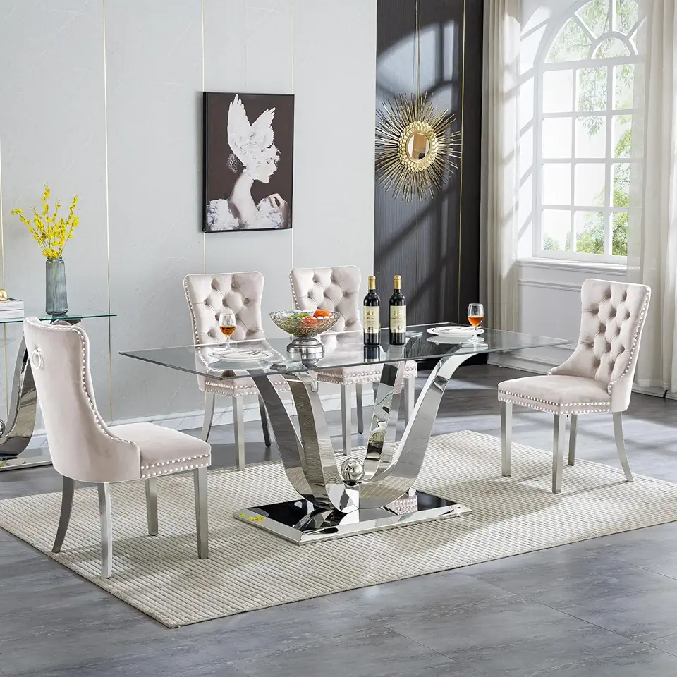 Henf 70 in Glass Dining Table Set for 4, Modern Rectangular Dining Room Table with Geometric Stainless Steel Base and 4 Beige Velvet Chairs, 5 Piece Silver Kitchen Table and Chairs Set for Apartment