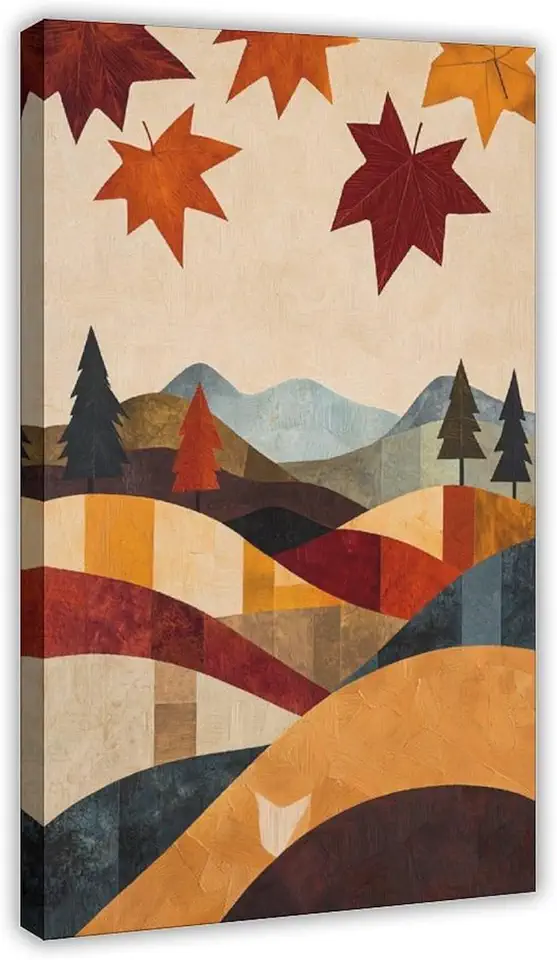 Warm Fall Wall Decor – Abstract Geometric Leaves And Hills, Contemporary Autumn Canvas Art for Living Space And Entryway Canvas Wall Art Print Poster For Home School Office Decor 20x30inch(50x75cm)