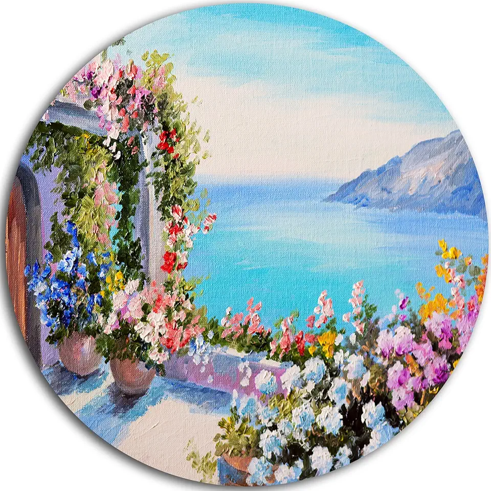 Designart Sea and Flowers Landscape Circle Wall Art-Disc of 23 inch, 23'' H x 23'' W x 1'' D 1P, Blue/Pink