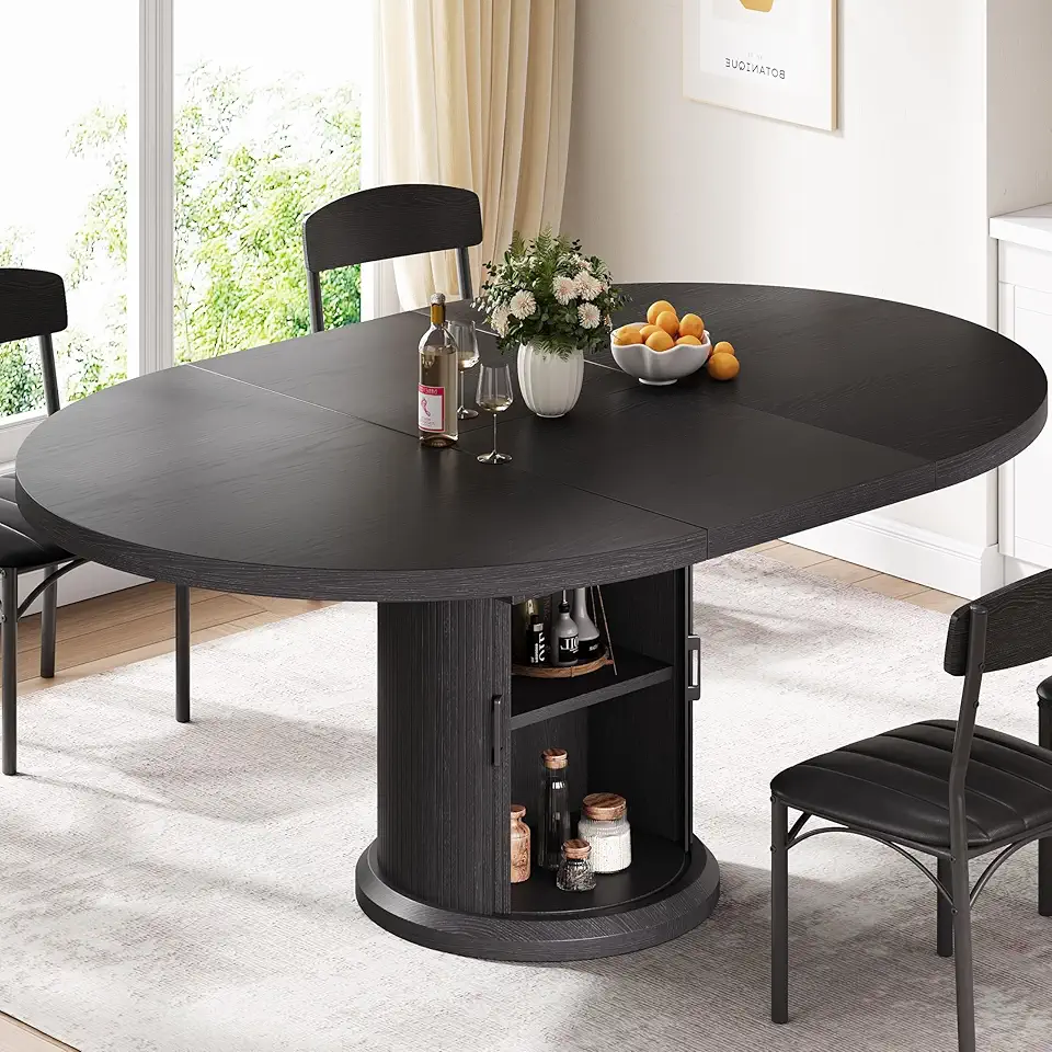 Extendable Round Kitchen Dining Room Table for 4-6 with 2-Tier Storage Shelf, 63'' Space Saving Expandable Wood Oval Circle Dinner Furniture with Pedestal Base(Black)