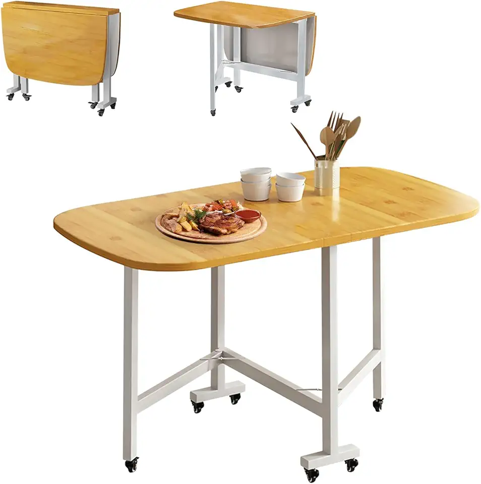 Multifunction Table Drop Leaf Dining Table, Heavy Duty Folding Dining Desk With Wheels, Foldable In 3 Forms, Drop Leaf Dining Table With Lockable Wheels For Small Spaces Kitchen, Bedroom, Living Room(