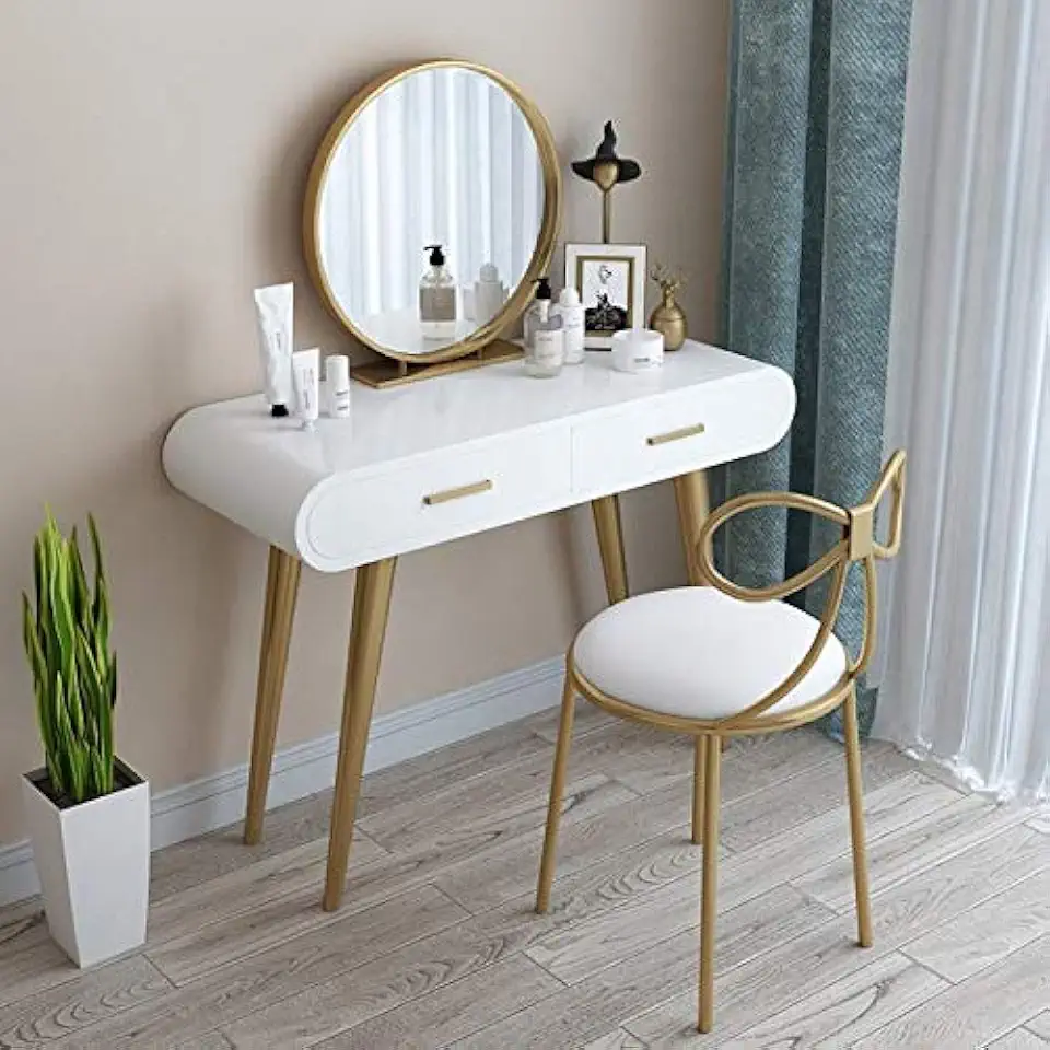Vanity Table Set Solid Rubber Wood Vanity Table Set with Mirror 2 Sliding Drawers 1 Cushioned Stool Multifunctional Make Up Table and Stool (Color : White Size : 100x40x75CM)